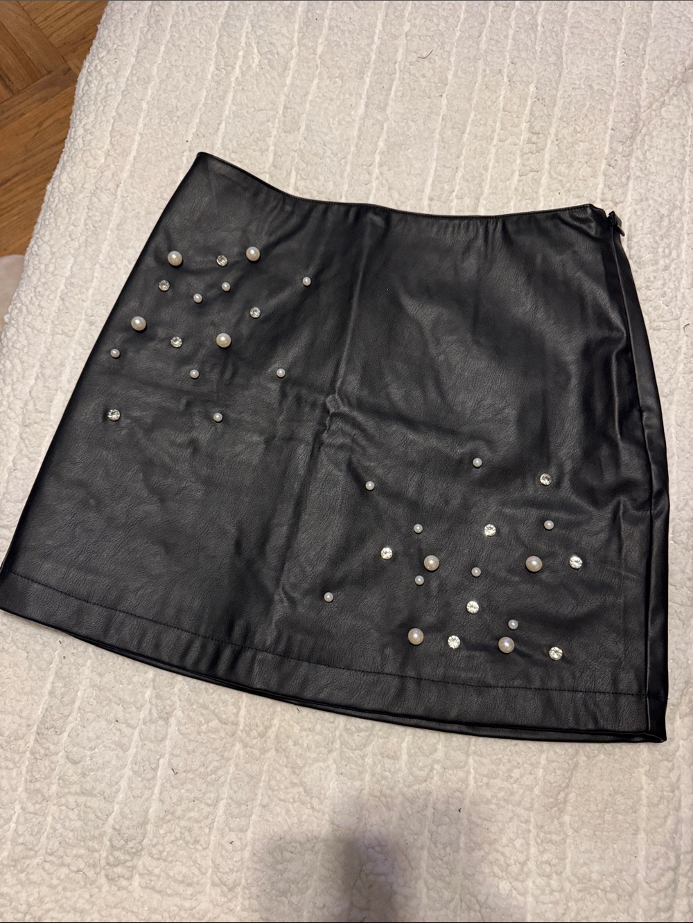 Blue Rain Black Faux Leather Mini Skirt with Pearl & Rhinestone Accents